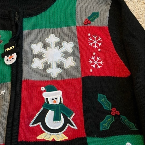 Y2K Ugly Christmas Sweater Patchwork Applique Knit Full Zip Large Petite - Picture 4 of 9